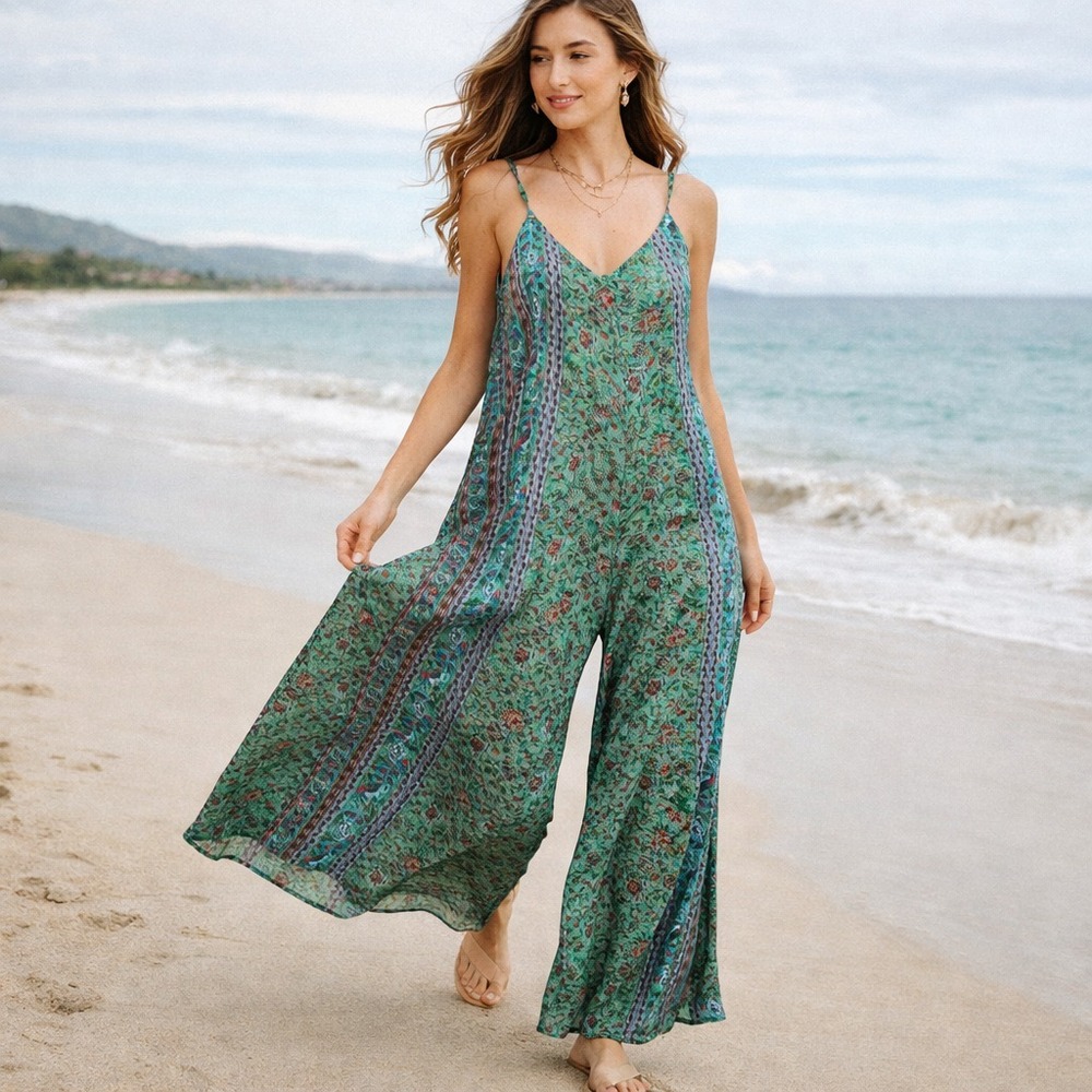 Karma Highway One Size Boho Jumpsuit Wide Leg Green Floral Strappy Romper